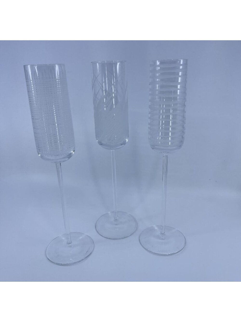 vintage salviati etched crystal champagne flutes with unique patterns set of 3